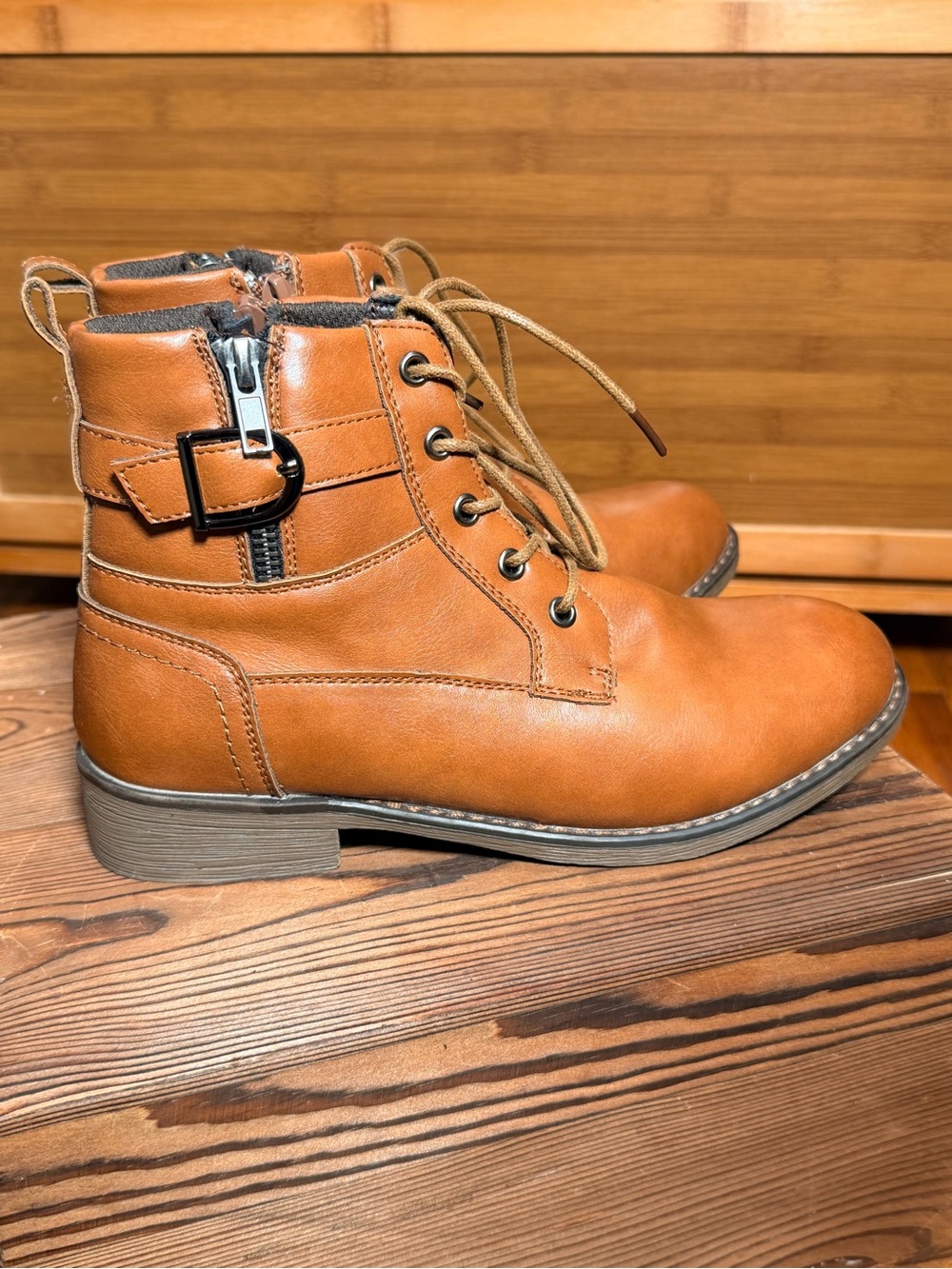 Women's Tan Lace-Up Ankle Booties with Side Zip